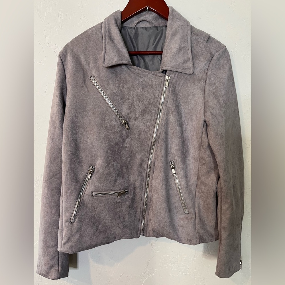 Women's Stylish Gray‎ Faux Leather Jacket Large